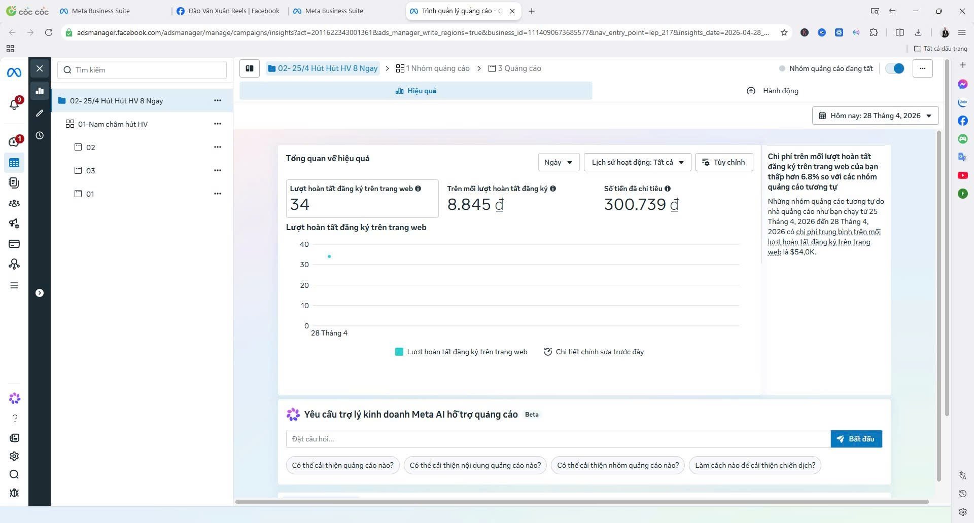 Screenshot Meta Ads Manager - Chiến dịch Hút Học Viên 28/4