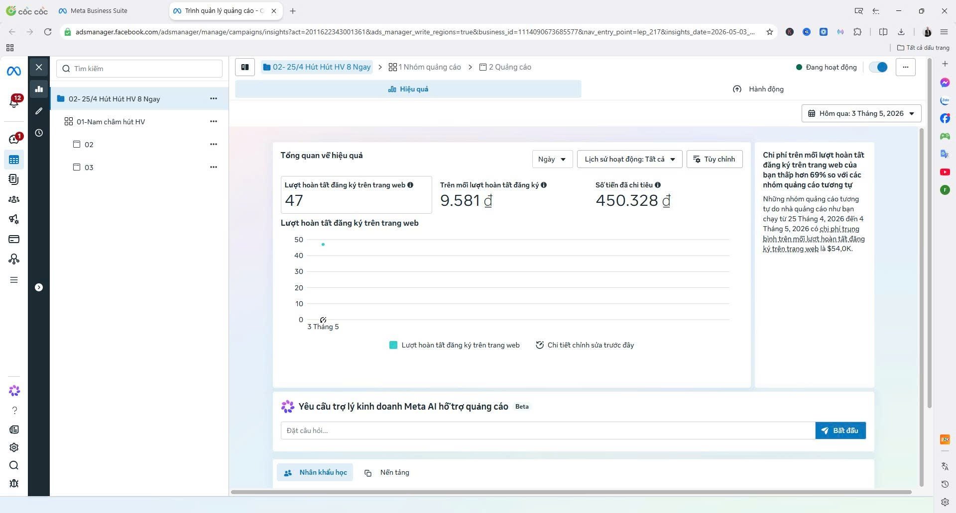 Screenshot Meta Ads Manager - Chiến dịch Hút Học Viên 3/5