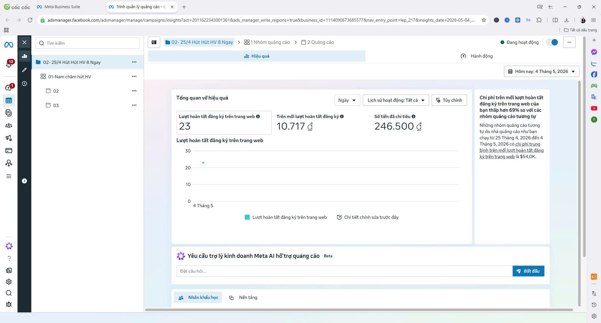 Screenshot Meta Ads Manager - Chiến dịch Hút Học Viên 4/5